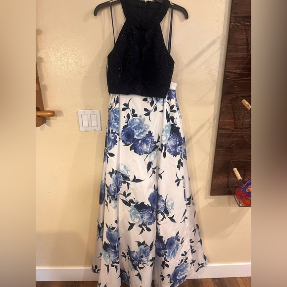 blue floral 2 piece prom dress Blue Floral Long A-Line Prom Dress, Blue Evening Party Dress Custom Size / Blue main image 0